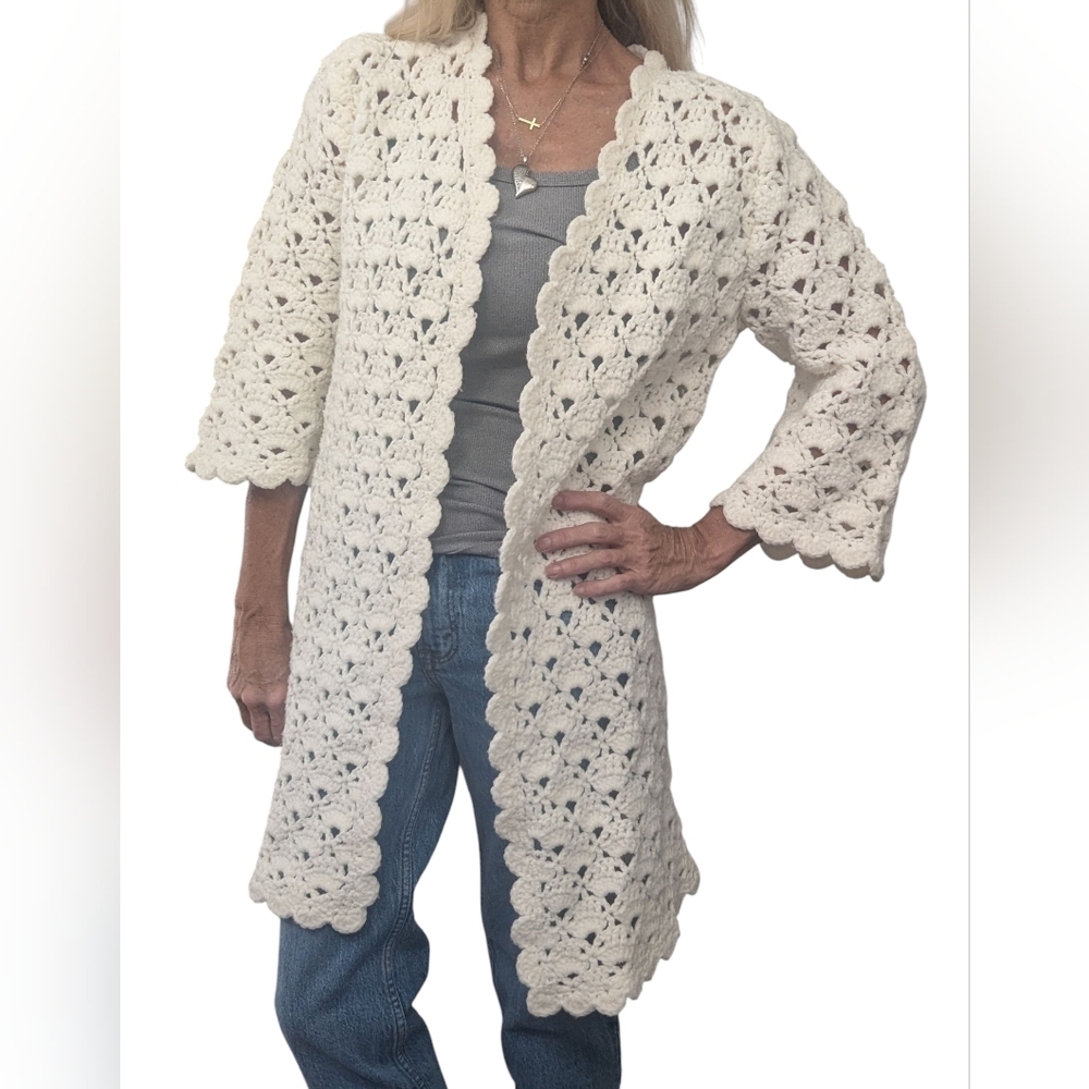 Handmade Cream Crochet Duster Cardigan Scalloped Openwork Boho